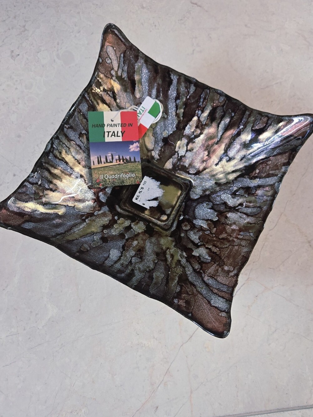 Hand-Painted Italy Glass Accent Bowl - Iridescent Brown and Silver